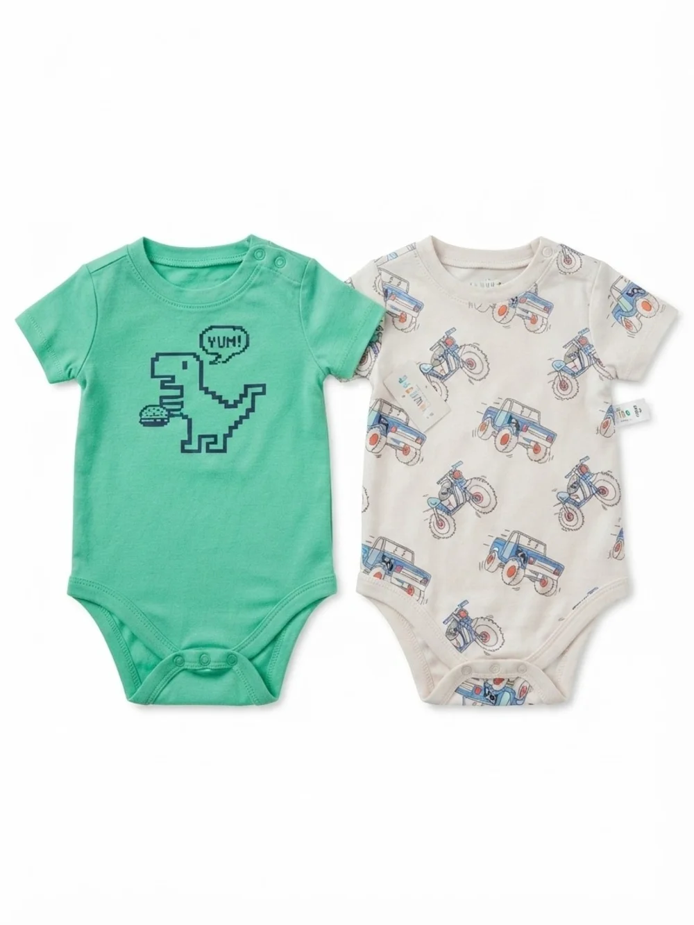 2-Pack Baby Bodysuits with Dinosaur & Vehicle Prints - Green & Cream
